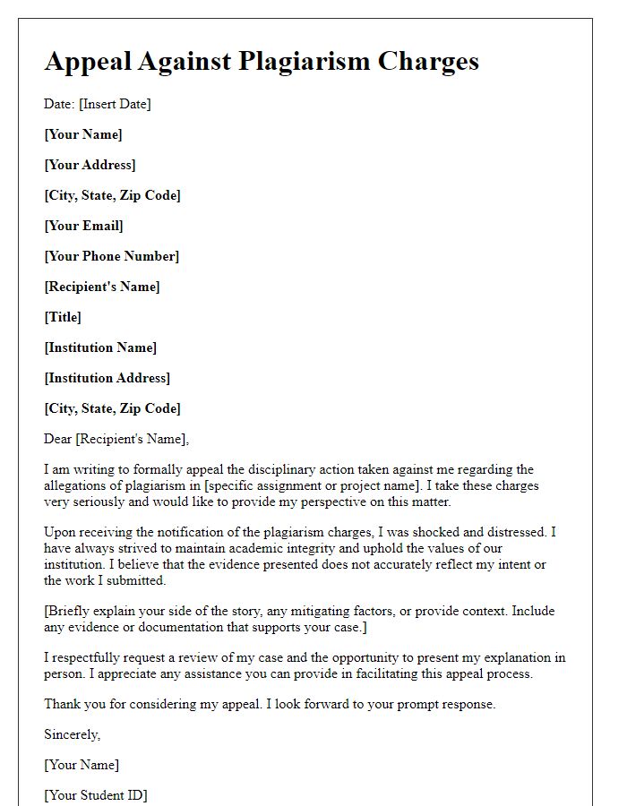 Letter template of student disciplinary action appeal for plagiarism charges.