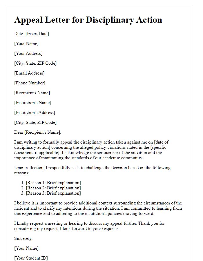 Letter template of student disciplinary action appeal for policy violations.