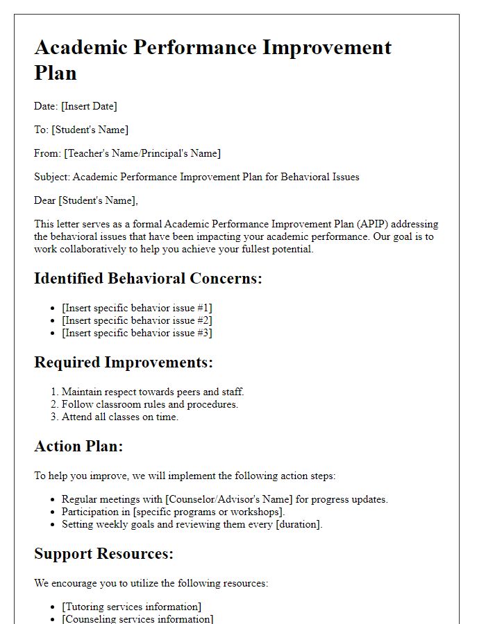 Letter template of Academic Performance Improvement Plan for Behavioral Issues