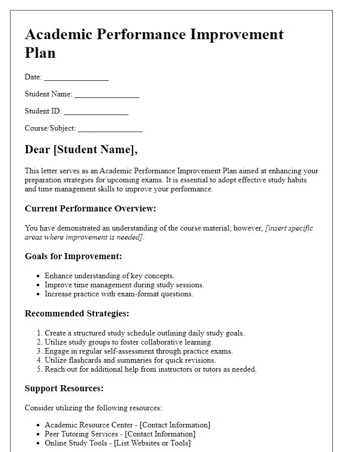 Letter template of Academic Performance Improvement Plan for Exam Preparation Strategies