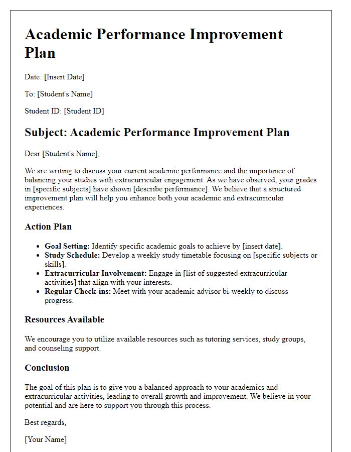 Letter template of Academic Performance Improvement Plan for Extracurricular Engagement