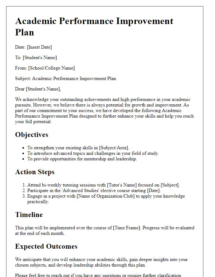 Letter template of Academic Performance Improvement Plan for High Achievers