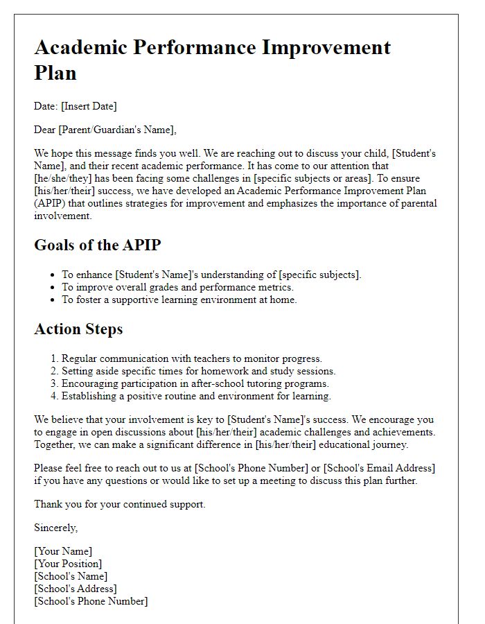 Letter template of Academic Performance Improvement Plan for Parental Involvement