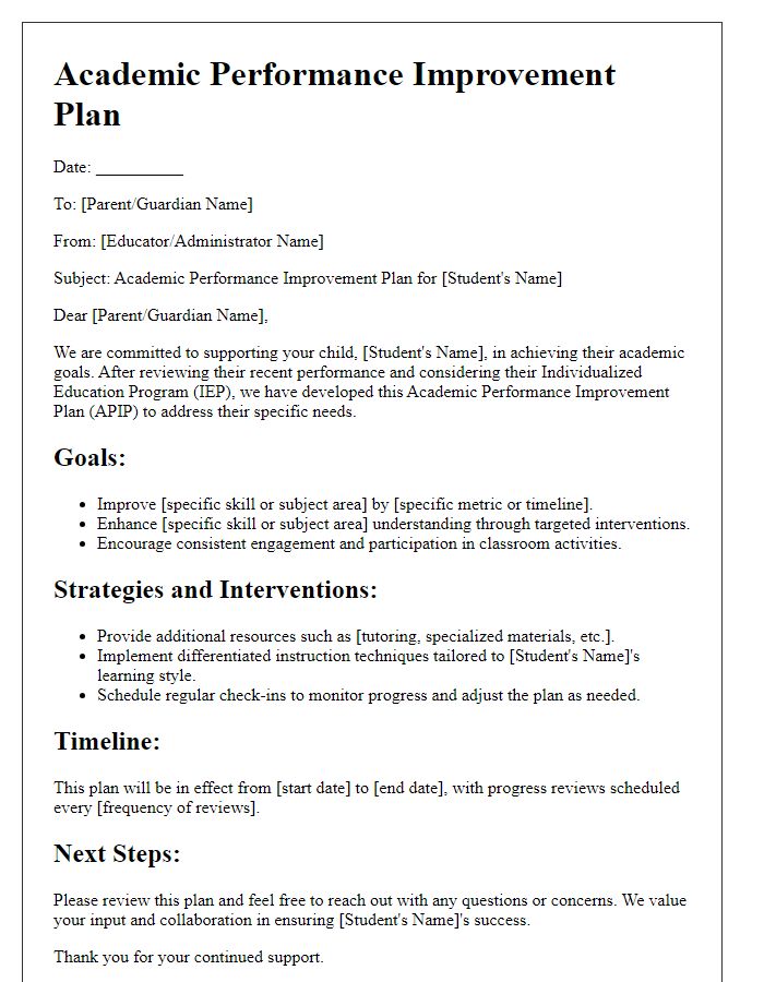 Letter template of Academic Performance Improvement Plan for Special Education Needs