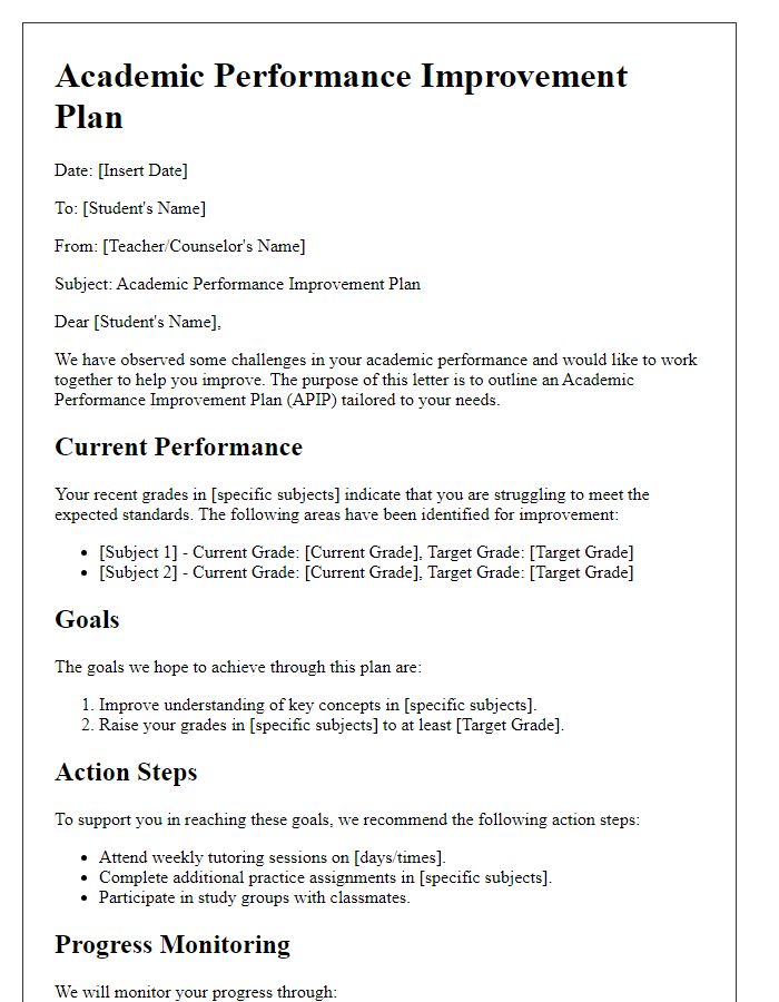 Letter template of Academic Performance Improvement Plan for Struggling Students