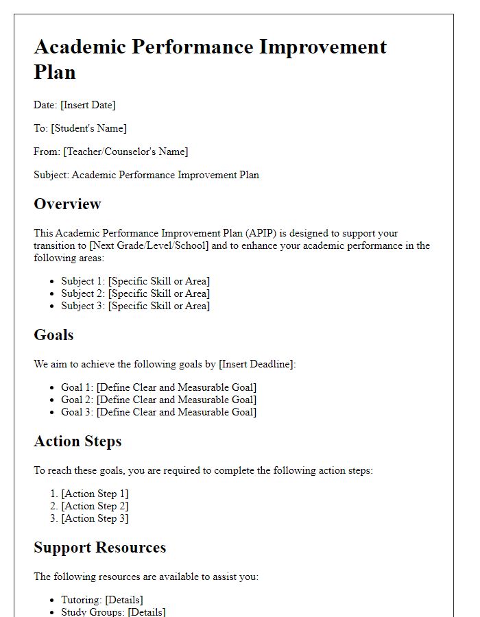 Letter template of Academic Performance Improvement Plan for Transitional Phases