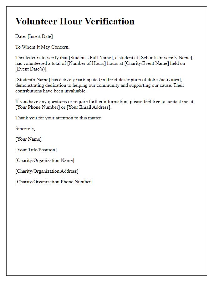 Letter template of student volunteer hour verification for charity events.