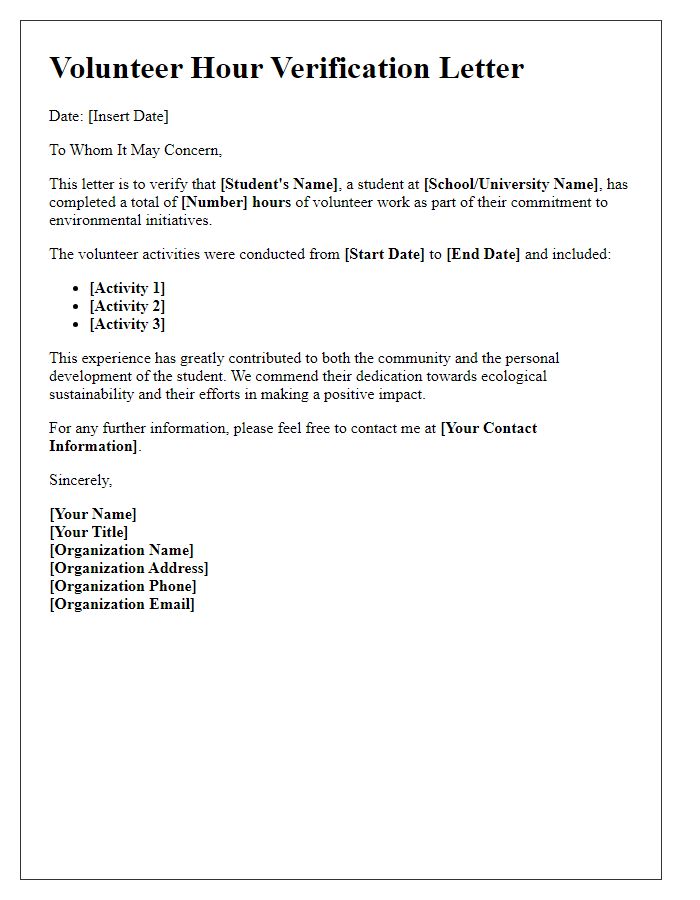 Letter template of student volunteer hour verification for environmental initiatives.