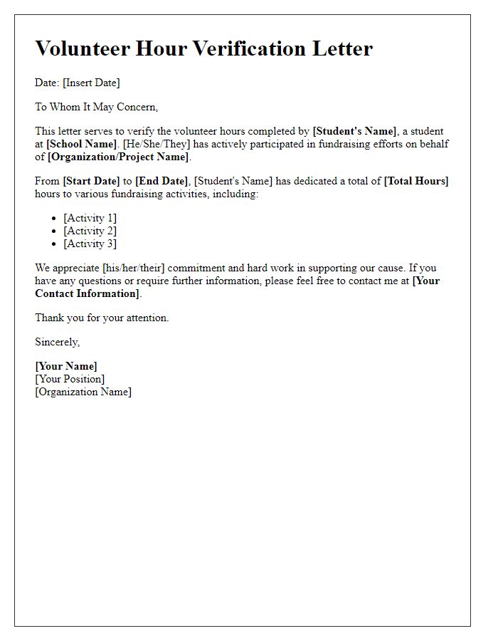 Letter template of student volunteer hour verification for fundraising efforts.