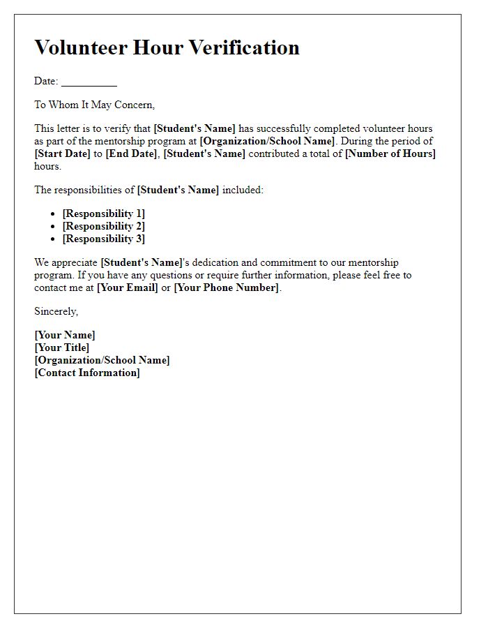 Letter template of student volunteer hour verification for mentorship programs.