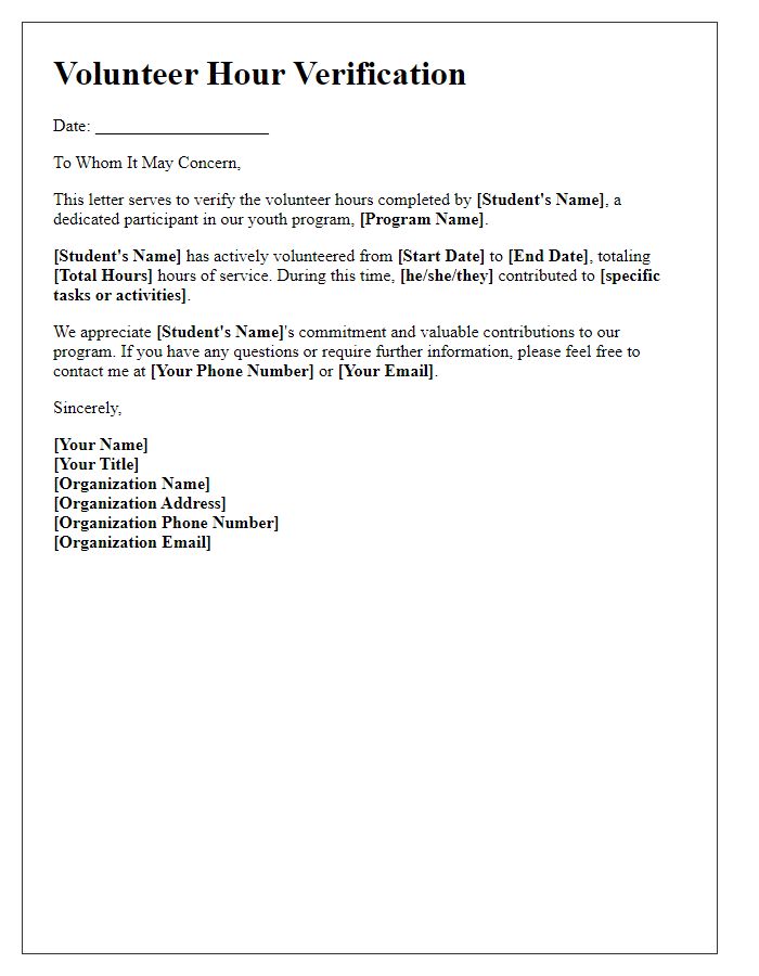 Letter template of student volunteer hour verification for youth programs.