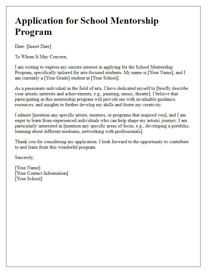 Letter template of school mentorship program application for arts-focused students.