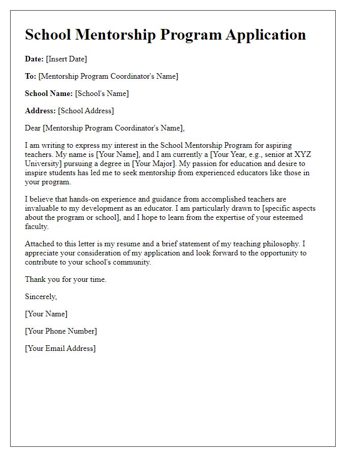 Letter template of school mentorship program application for aspiring teachers.