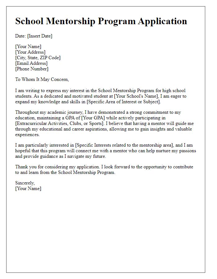 Letter template of school mentorship program application for high school students.