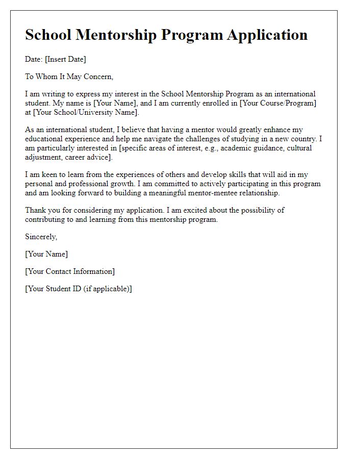 Letter template of school mentorship program application for international students.