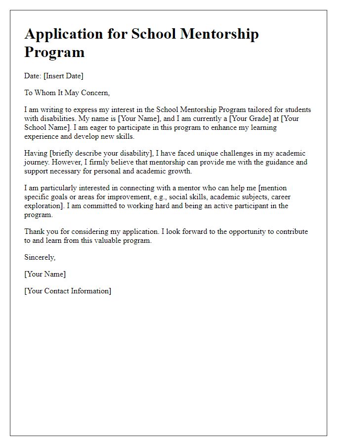 Letter template of school mentorship program application for students with disabilities.