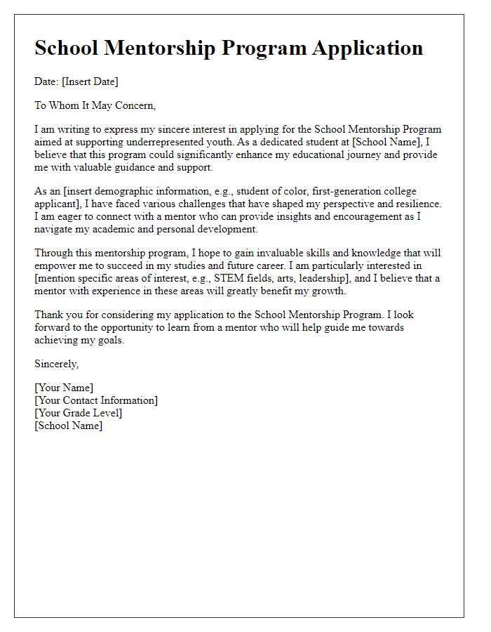 Letter template of school mentorship program application for underrepresented youth.