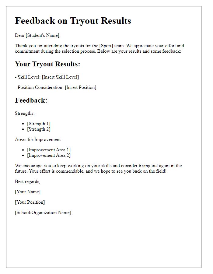 Letter template of feedback for student sports team tryout results