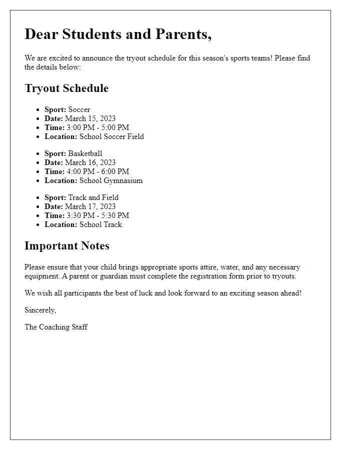 Letter template of information for student sports team tryout schedule