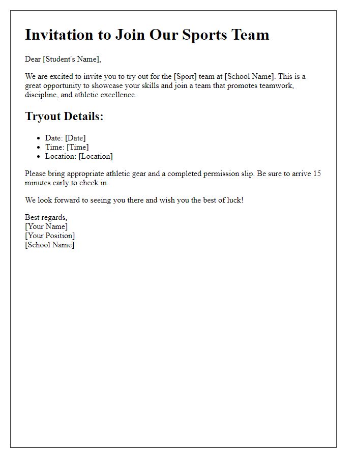 Letter template of invitation for student sports team tryout