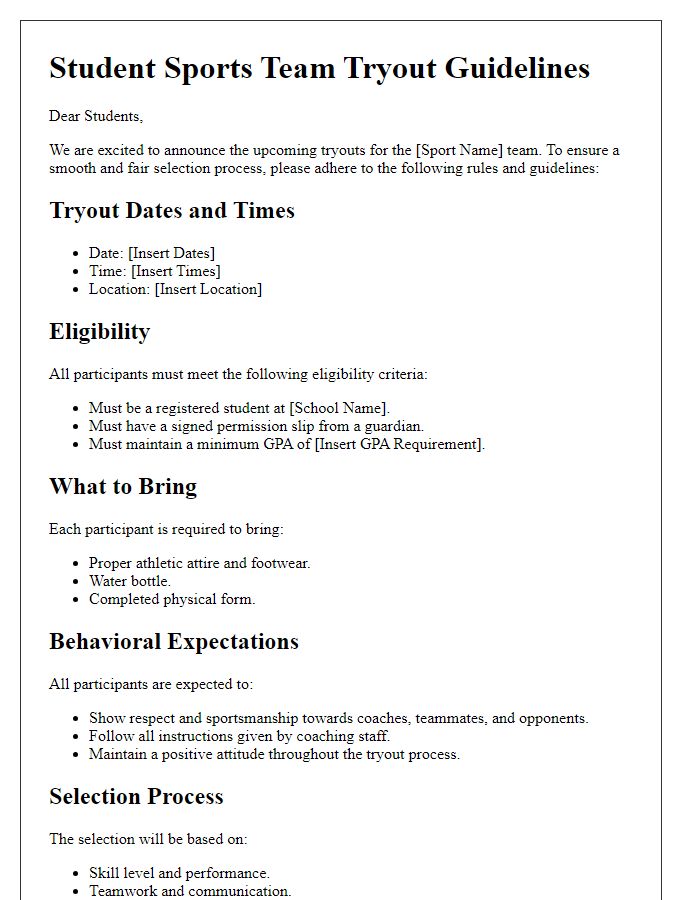 Letter template of rules and guidelines for student sports team tryout