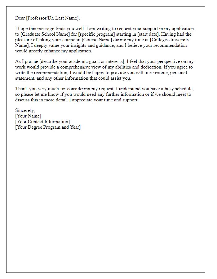 Letter template of request for college recommendation for graduate school