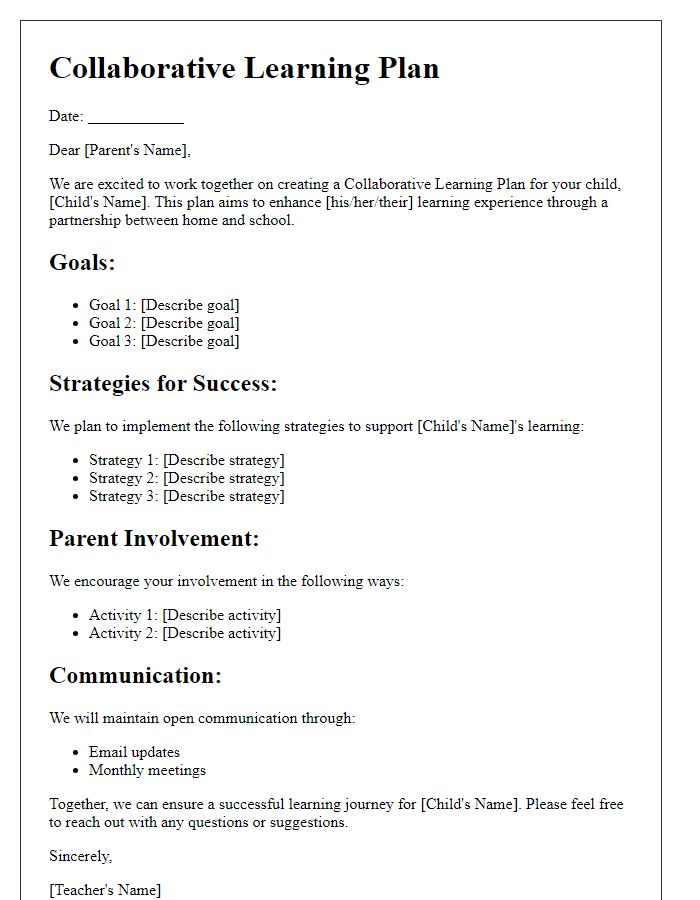 Letter template of Collaborative Learning Plan for Parents and Teachers