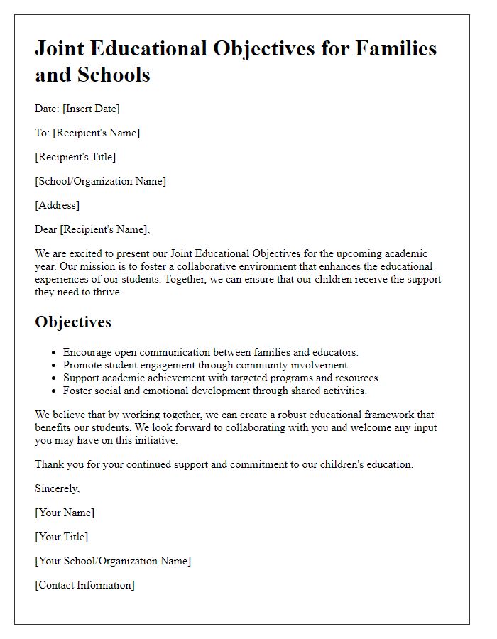 Letter template of Joint Educational Objectives for Families and Schools