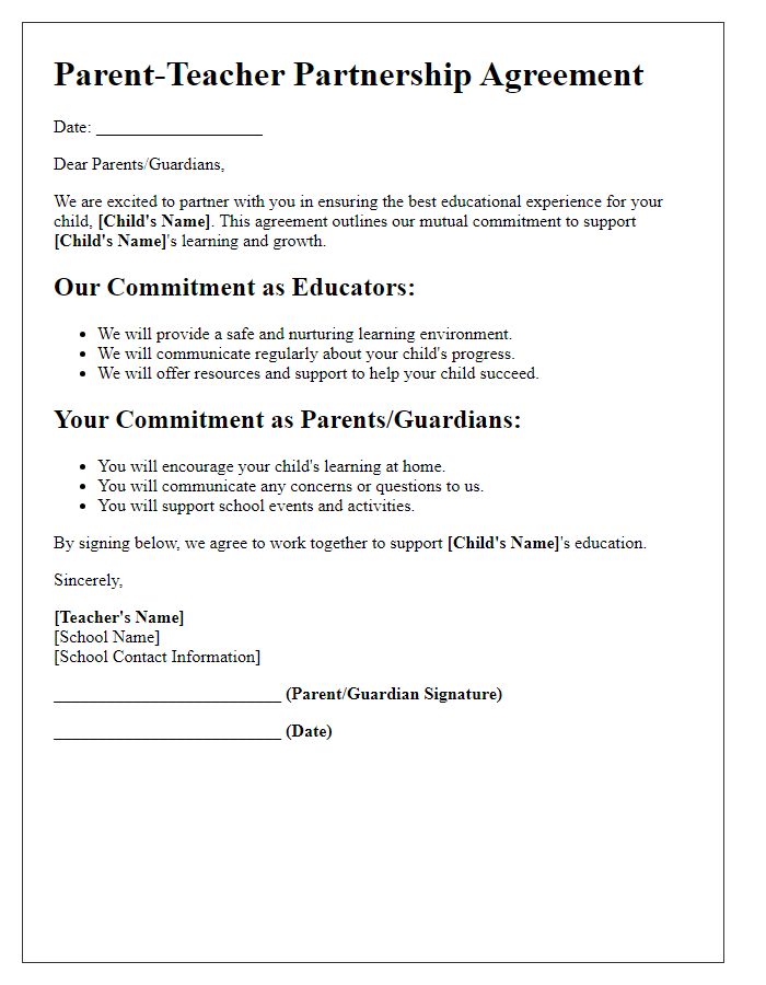 Letter template of Parent-Teacher Partnership Agreement