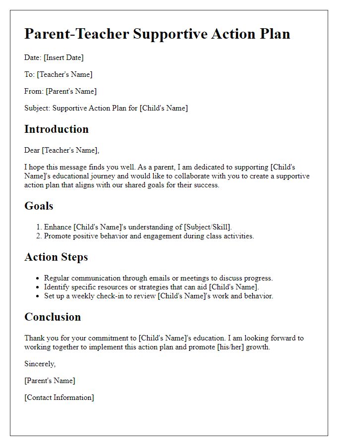 Letter template of Parent-Teacher Supportive Action Plan