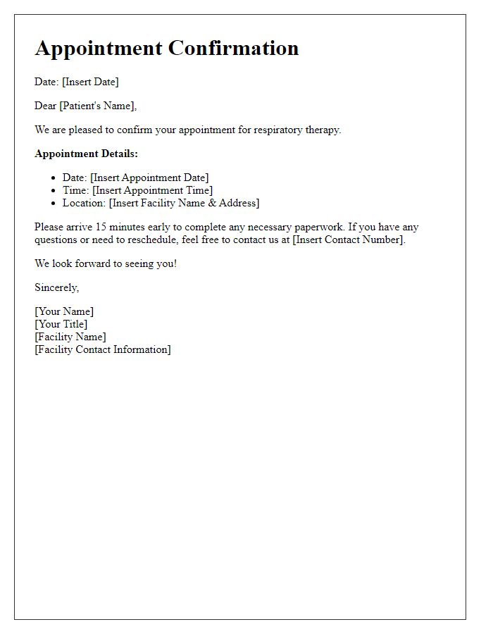 Letter template of appointment confirmation for respiratory therapy.