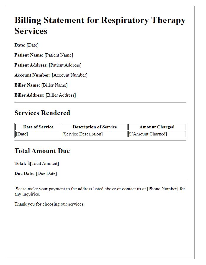 Letter template of billing statement for respiratory therapy services.