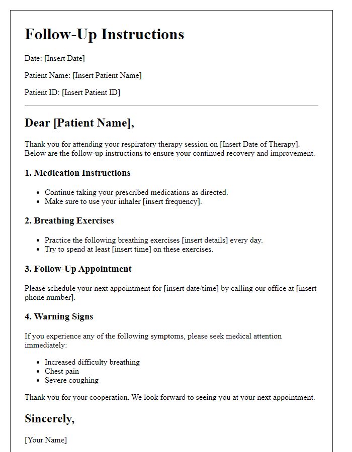 Letter template of follow-up instructions post-respiratory therapy.