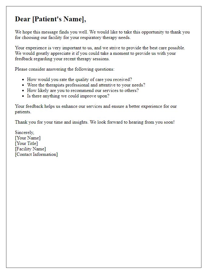 Letter template of patient feedback request after respiratory therapy.