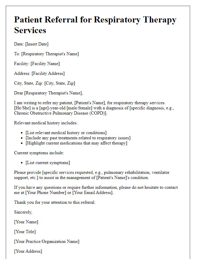 Letter template of patient referral for respiratory therapy services.