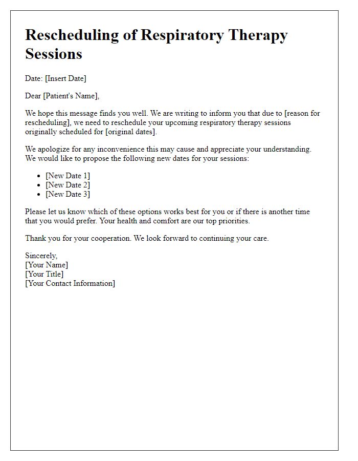 Letter template of rescheduling respiratory therapy sessions.