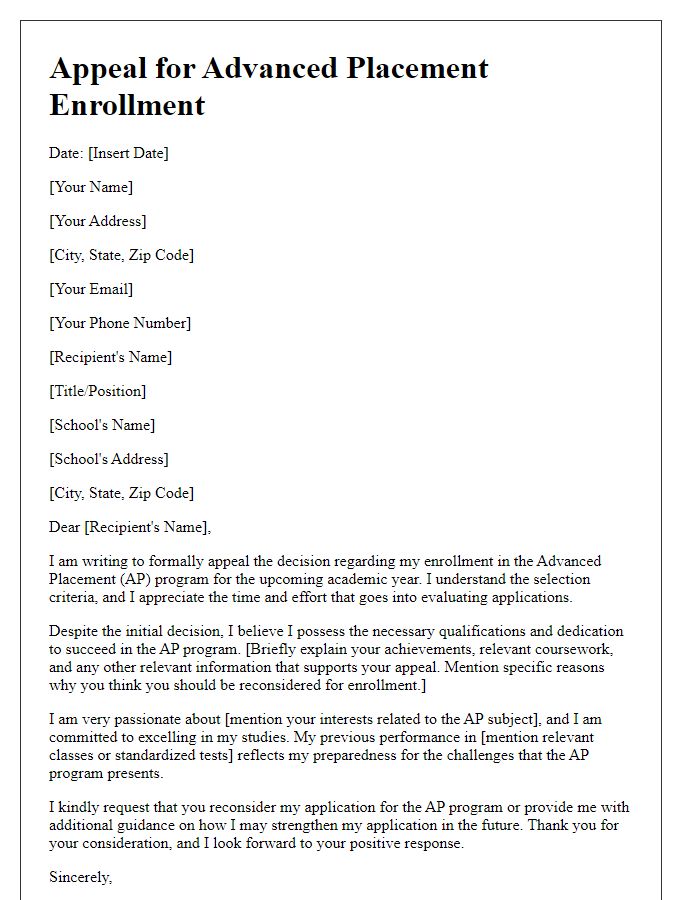 Letter template of appeal for advanced placement enrollment.