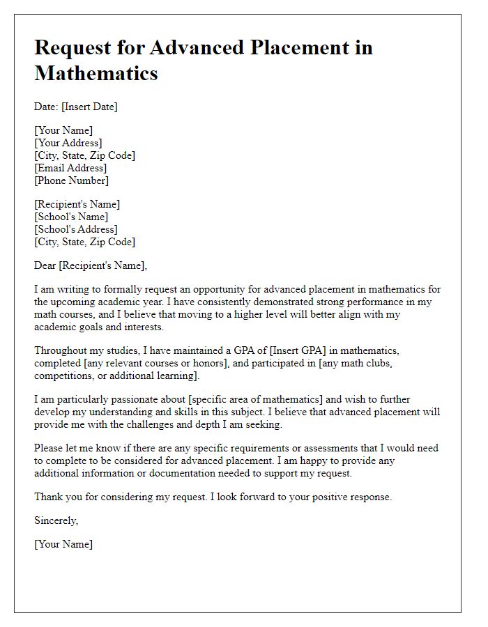 Letter template of request for advanced placement in mathematics.