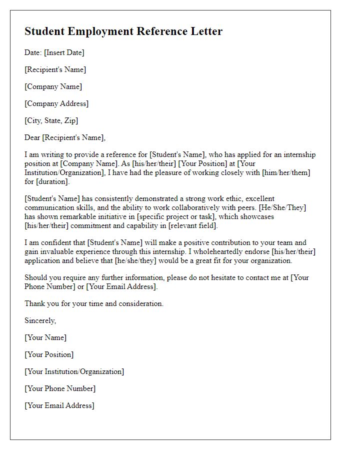 Letter template of Student Employment Reference for Internship Position