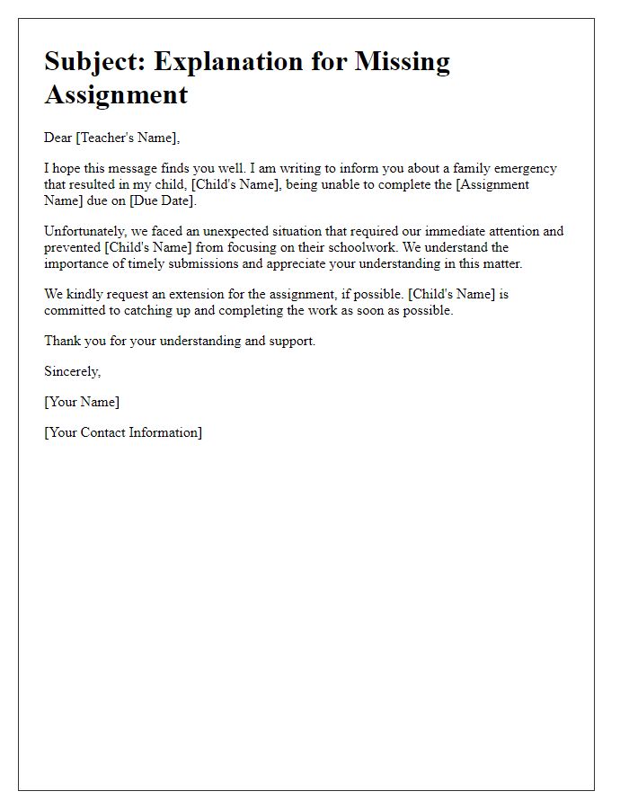 Letter template of missing assignment explanation for family emergency.