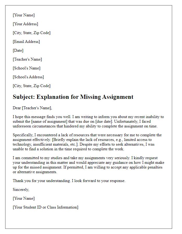 Letter template of missing assignment explanation for lack of resources.