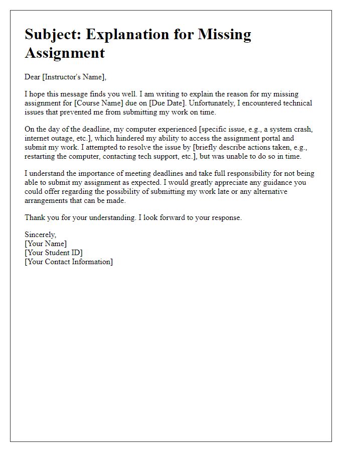 Letter template of missing assignment explanation for technical issues.