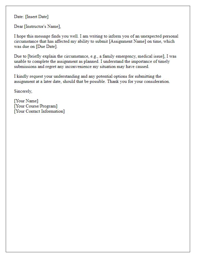 Letter template of missing assignment explanation for unexpected personal circumstances.