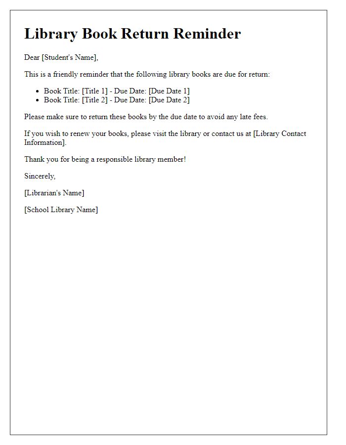 Letter template of library book return reminder for school students