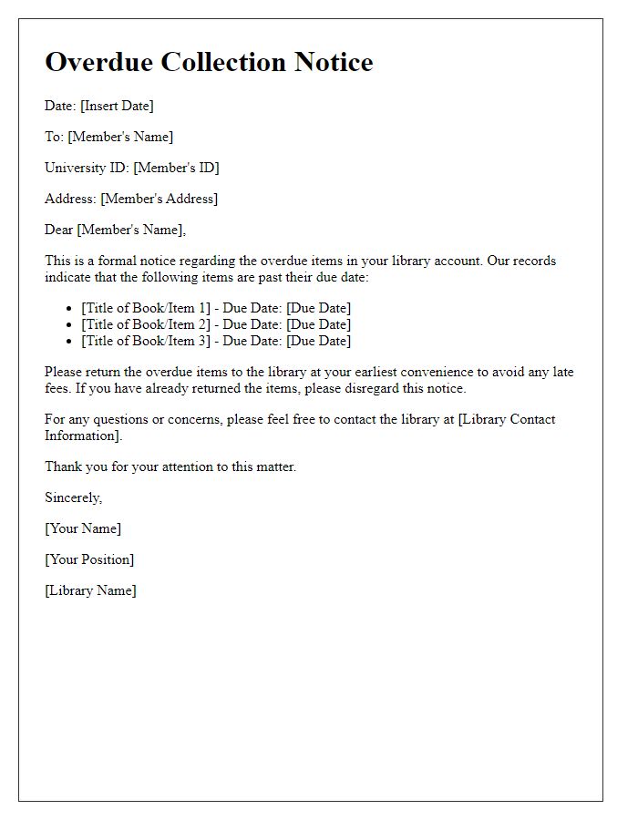 Letter template of overdue collection notice for university library members