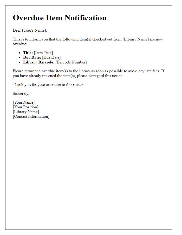 Letter template of overdue item notification for academic library users