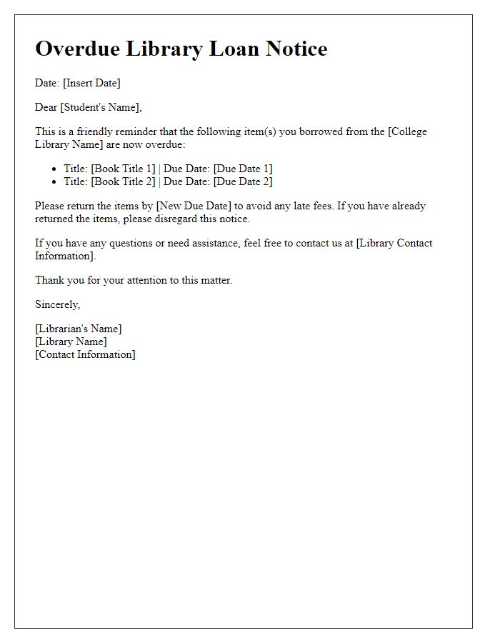 Letter template of overdue library loan notice for college students