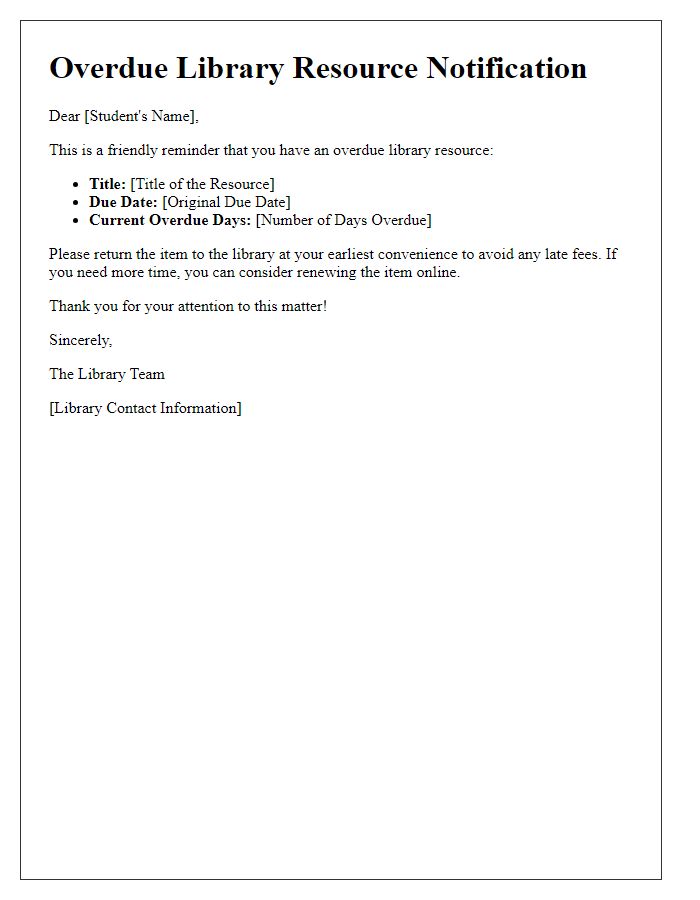 Letter template of overdue library resource alert for enrolled students