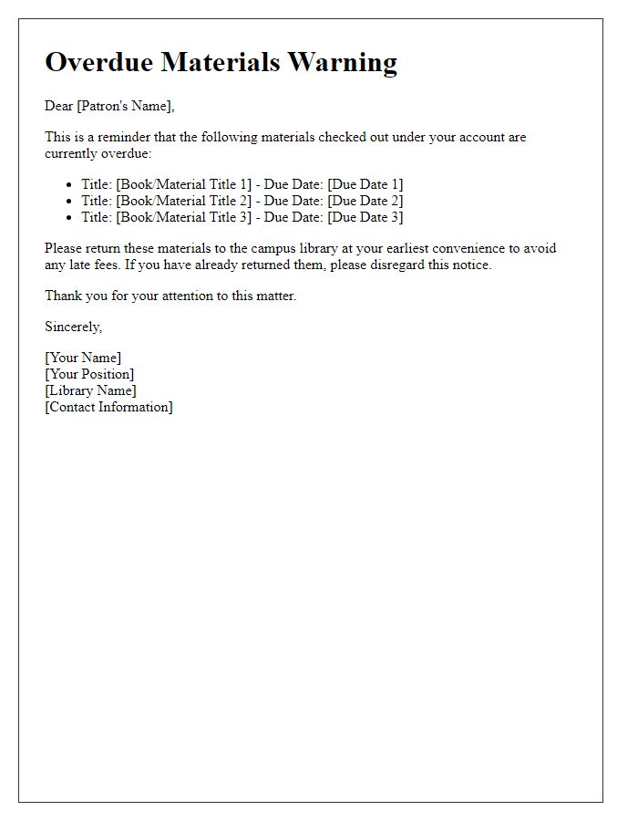 Letter template of overdue materials warning for campus library patrons