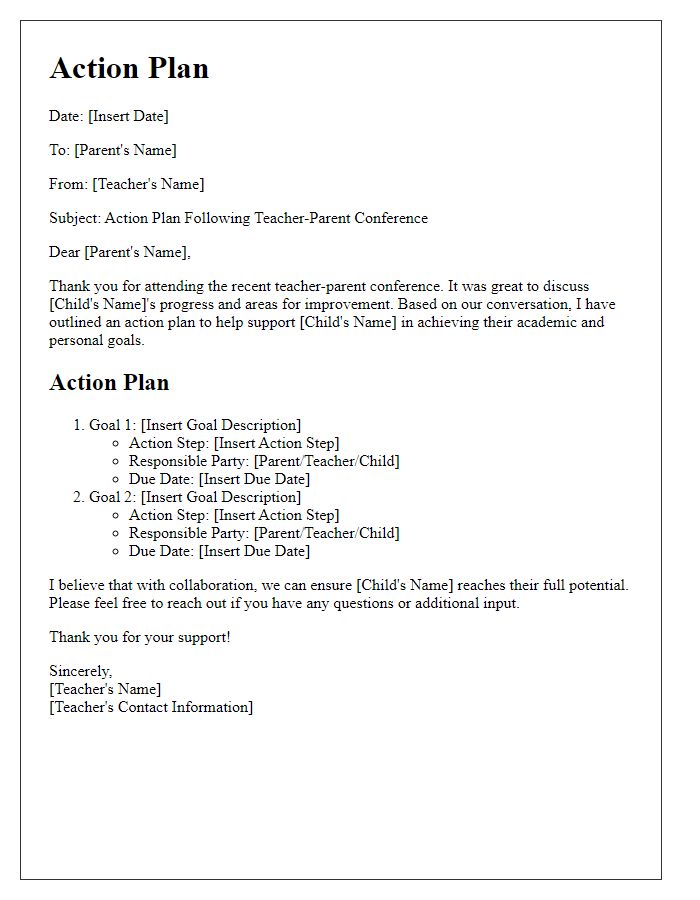 Letter template of action plan from teacher-parent conference